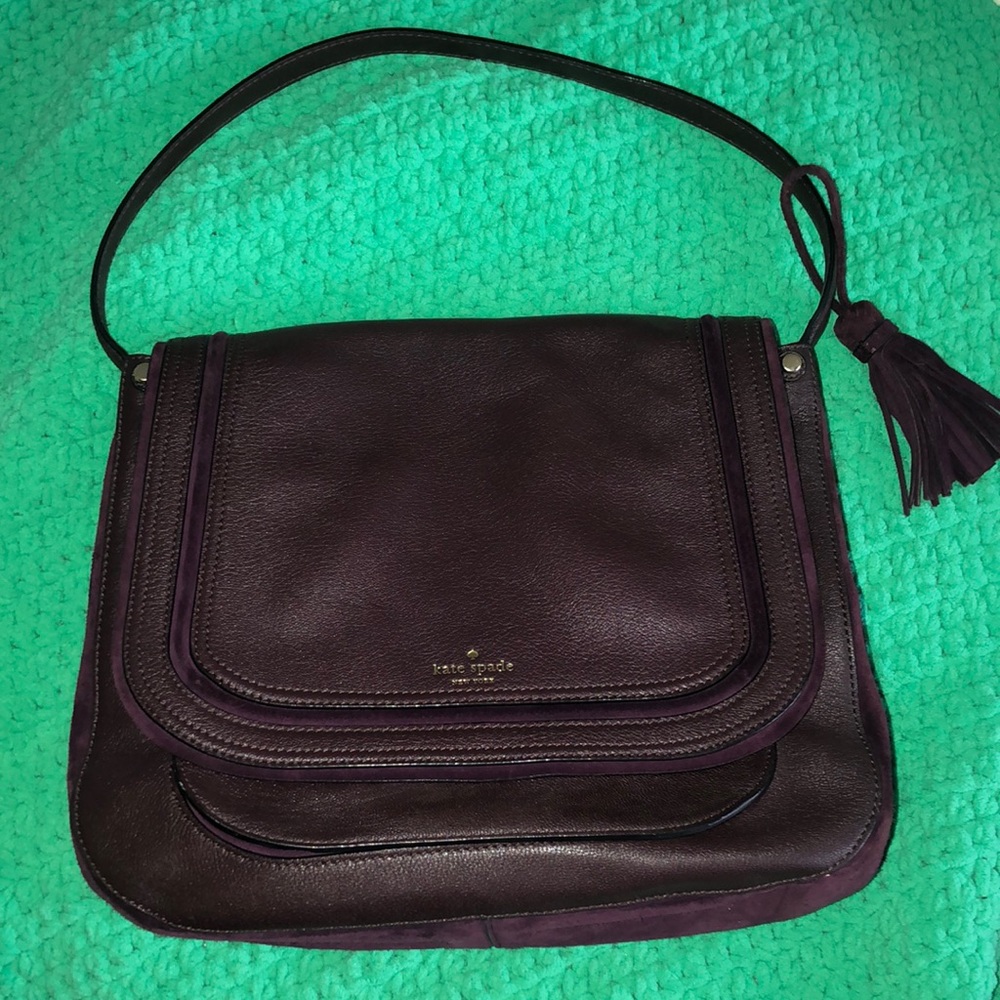 Kate Spade Large Leather Suede Saddle Purse Tassel Wine Burgundy